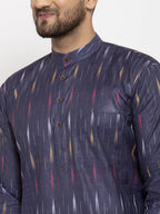 Jompers Men Navy Blue Woven Design Ikkat Straight Kurta Only | Grocsy