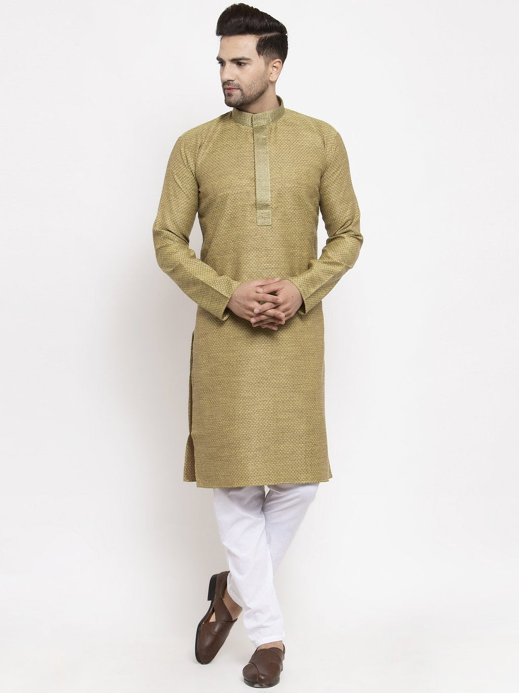 Jompers Men Olive Green Embroidered Kurta Only | Grocsy