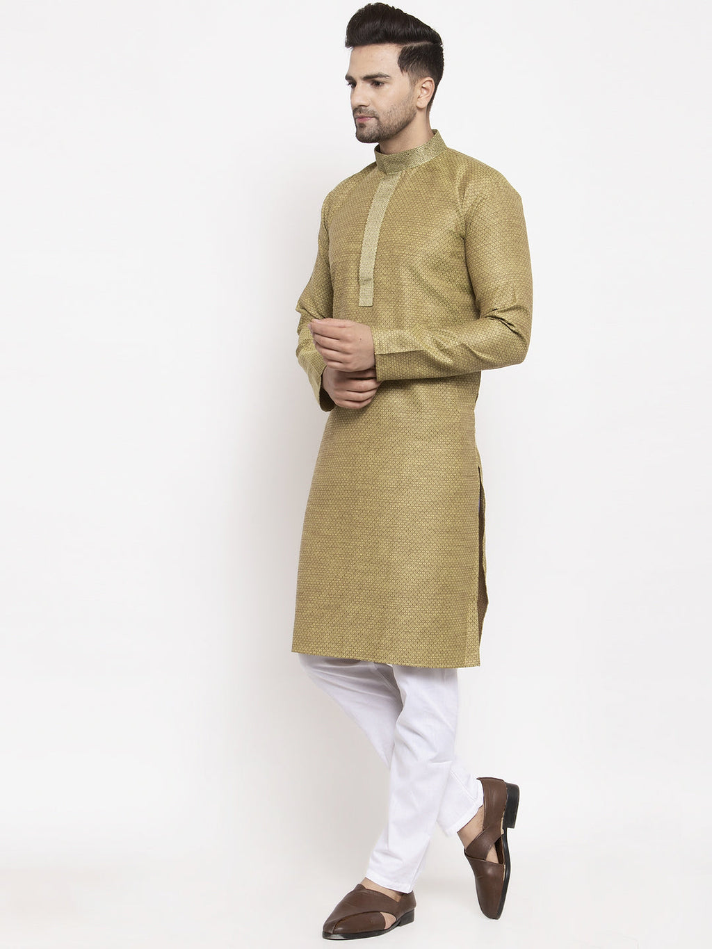 Jompers Men Olive Green Embroidered Kurta with Pyjamas | Grocsy