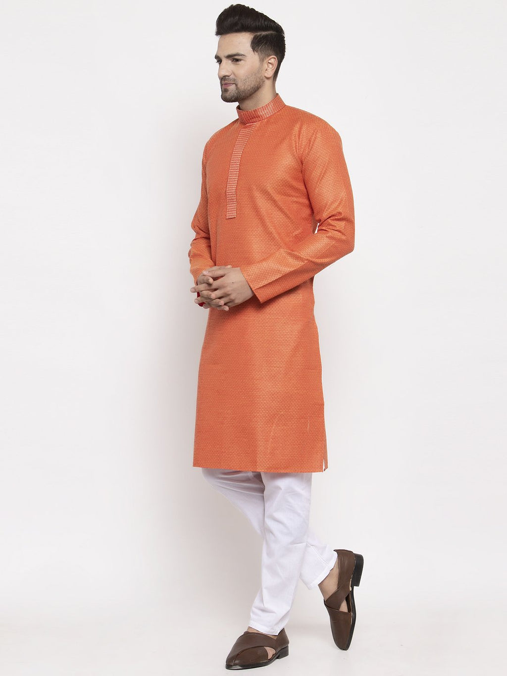 Jompers Men Orange Embroidered Kurta Only | Grocsy