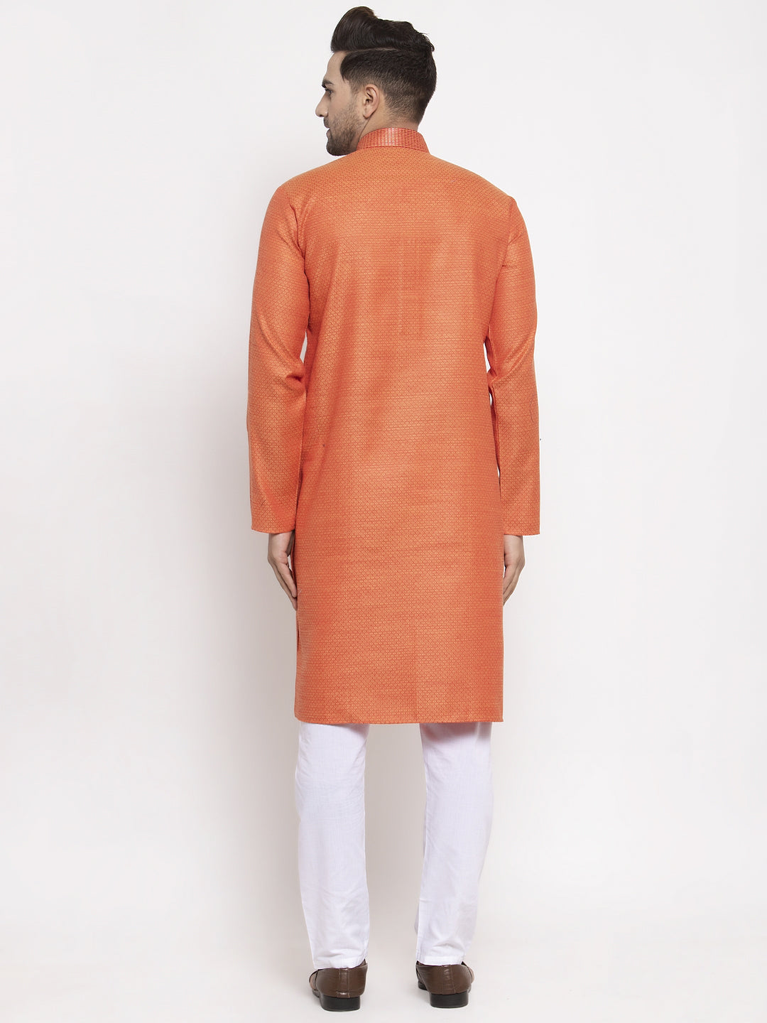Jompers Men Orange Embroidered Kurta with Pyjamas | Grocsy