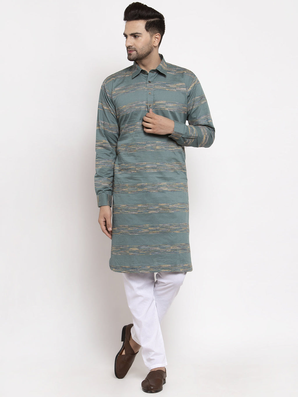 Jompers Men Green And White Woven Design Kurta with Pyjamas | Grocsy