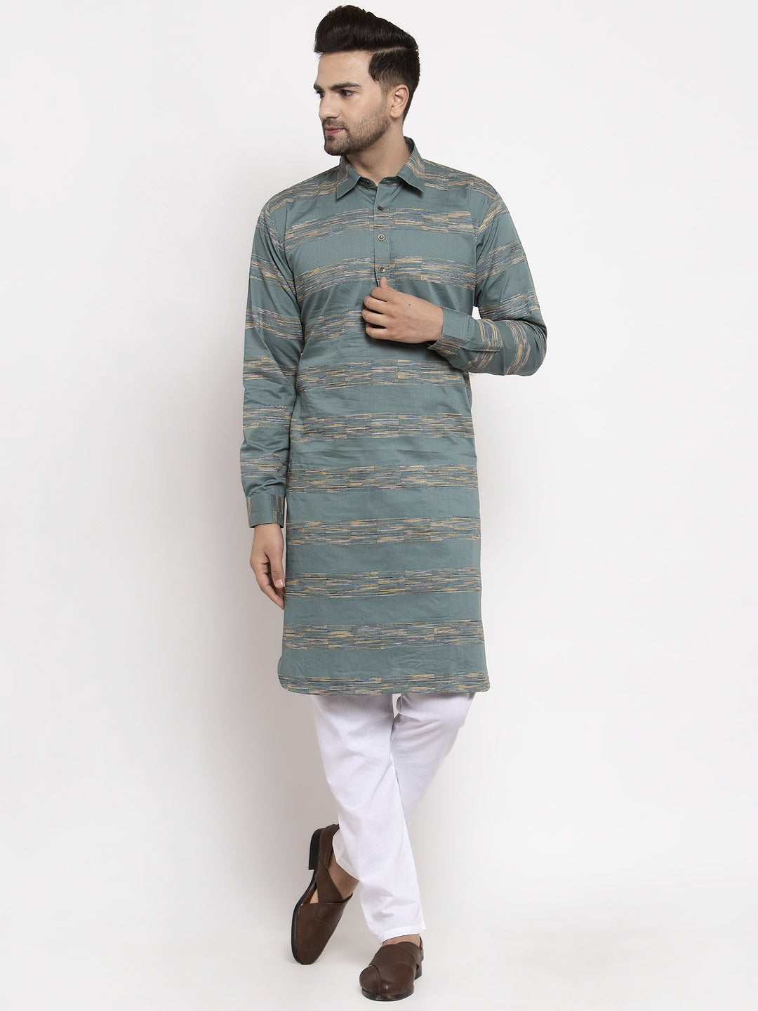 Jompers Men Green And White Woven Design Kurta with Pyjamas | Grocsy