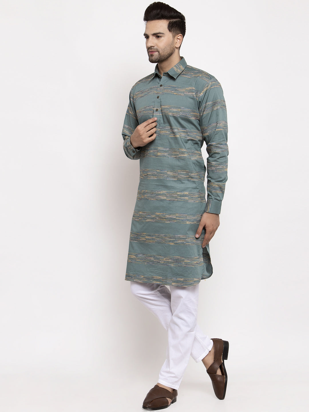 Jompers Men Green And White Woven Design Kurta with Pyjamas | Grocsy