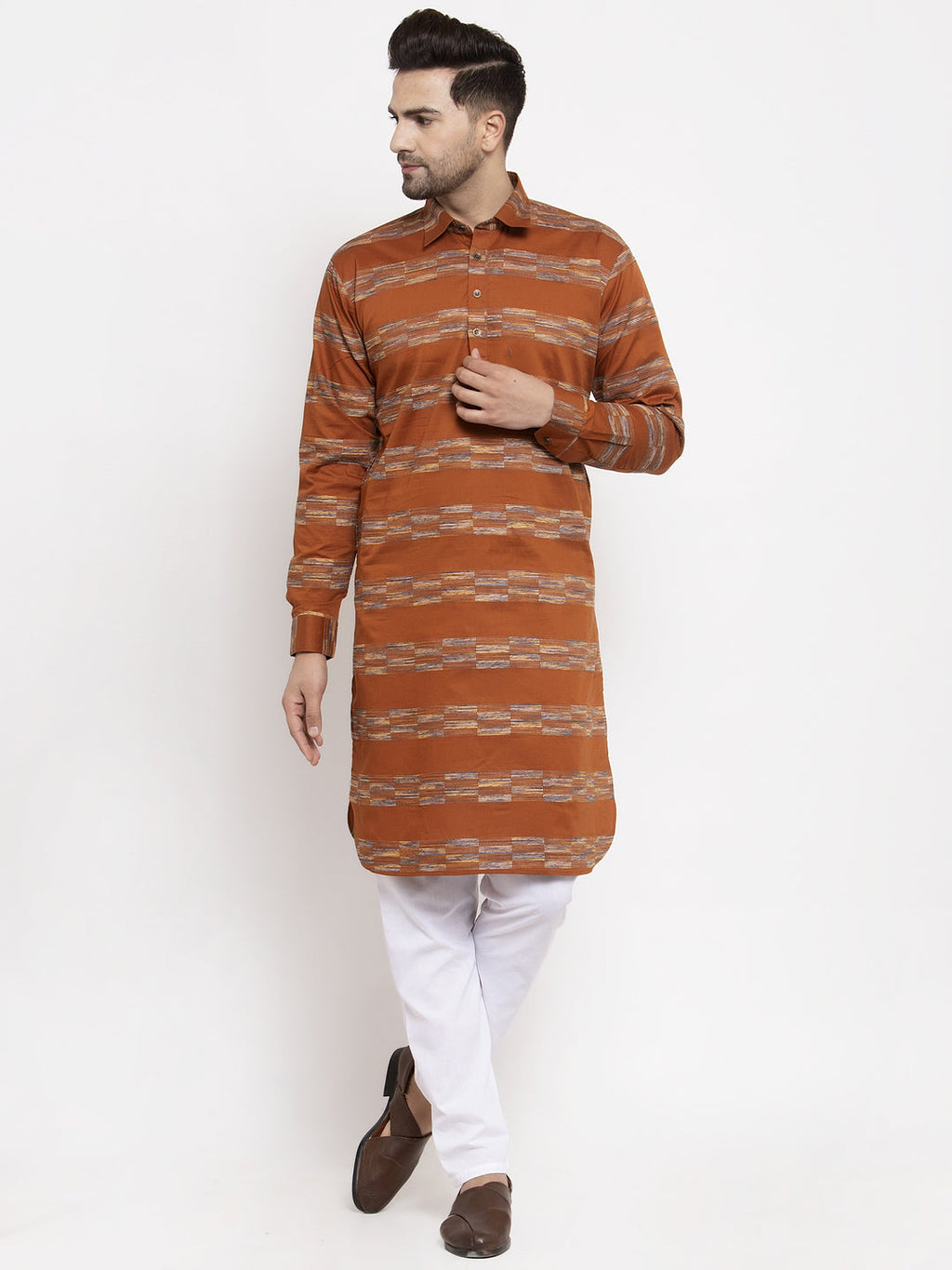 Jompers Men Mustard And White Woven Design Kurta with Pyjamas | Grocsy