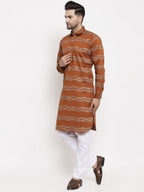 Jompers Men Mustard And White Woven Design Kurta with Pyjamas | Grocsy