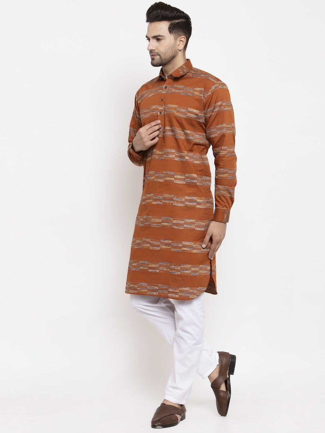 Jompers Men Mustard And White Woven Design Kurta with Pyjamas | Grocsy