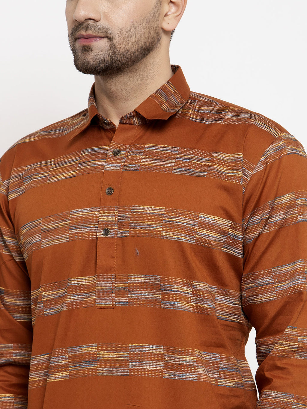 Jompers Men Mustard And White Woven Design Kurta with Pyjamas | Grocsy