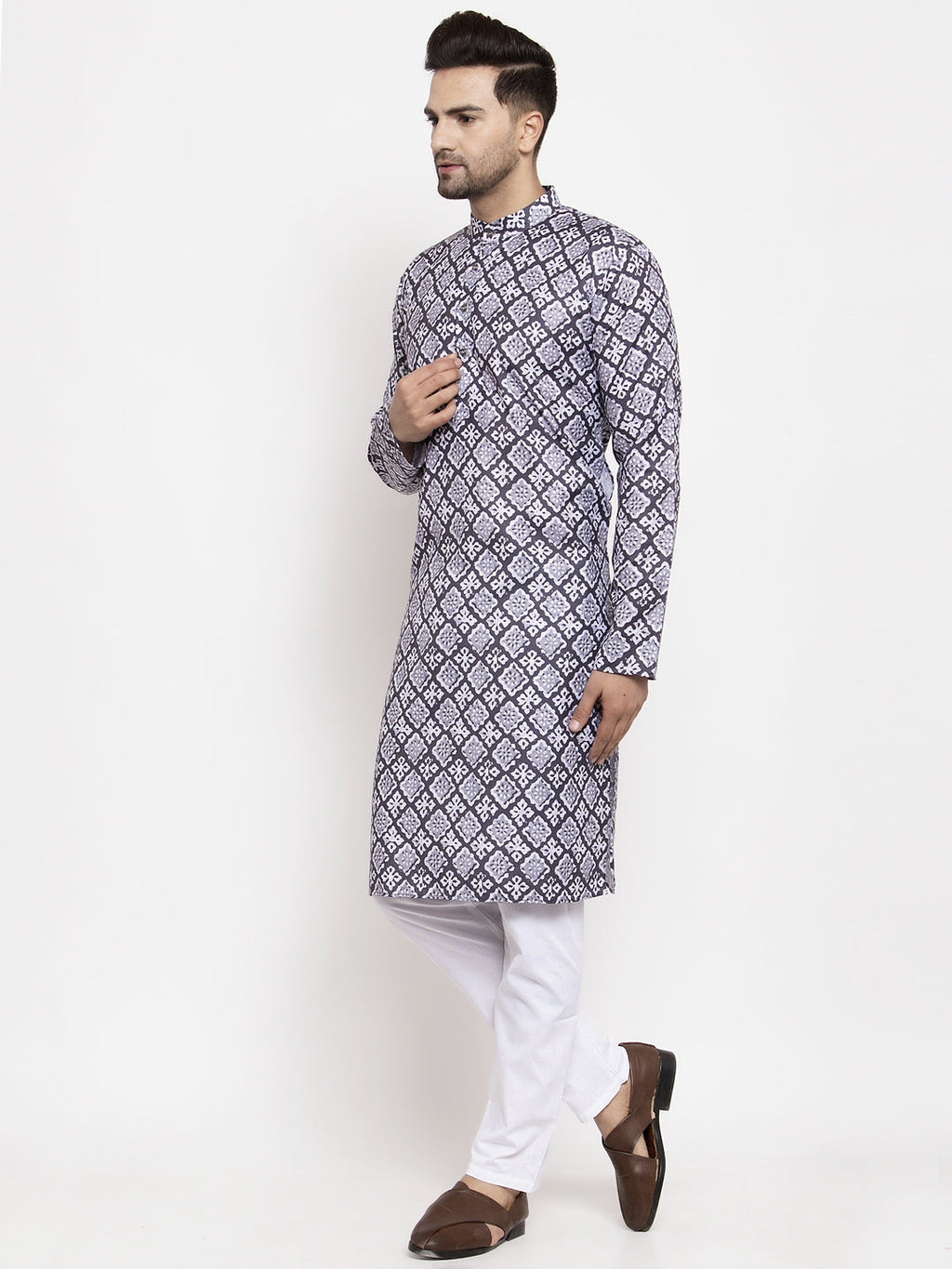 Jompers Men Blue & White Printed Kurta with Churidar | Grocsy