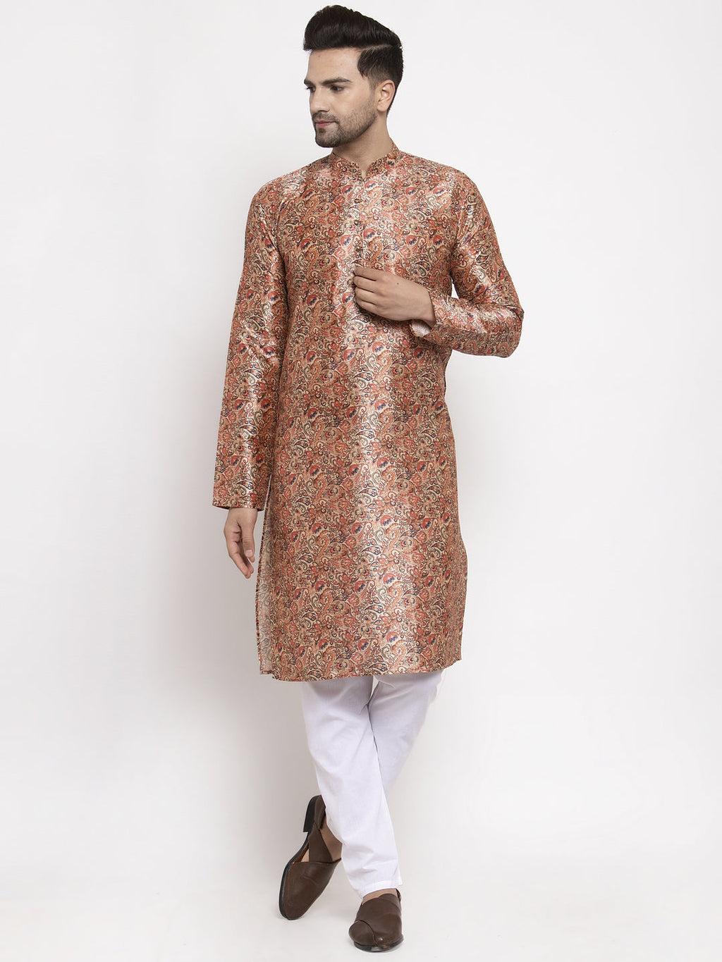 Jompers Men Golden Printed Kurta with Pyjamas | Grocsy