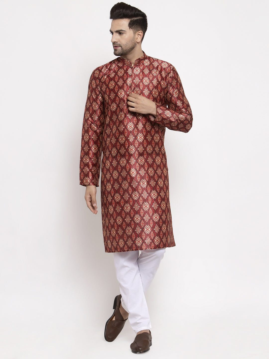 Jompers Men Maroon Printed Kurta with Pyjamas | Grocsy