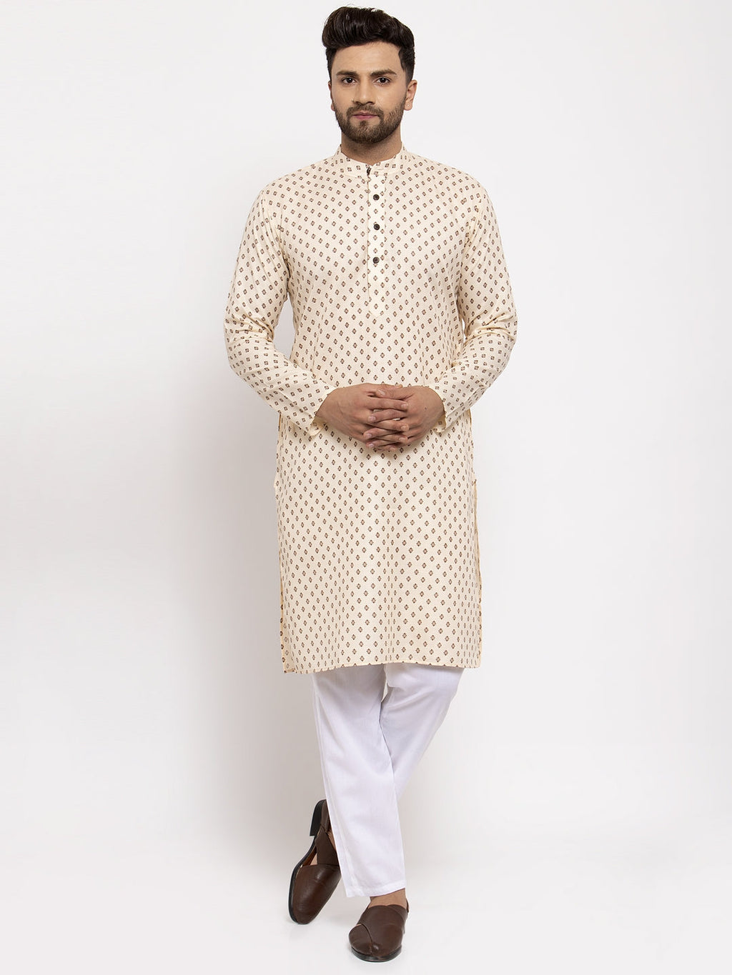 Jompers Men Cream-Coloured Printed Kurta with Pyjamas | Grocsy