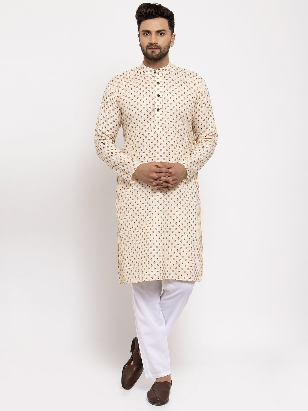 Jompers Men Cream-Coloured Printed Kurta with Pyjamas | Grocsy