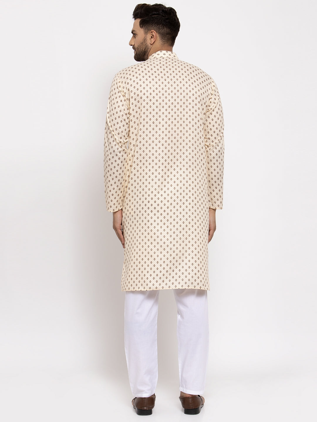 Jompers Men Cream-Coloured Printed Kurta with Pyjamas | Grocsy
