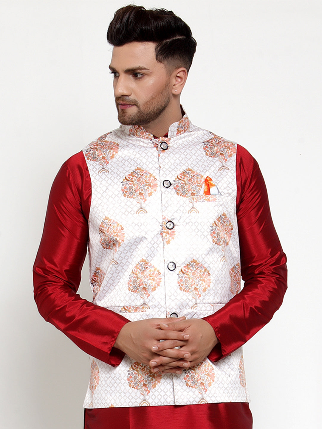 Jompers Men's White Printed Nehru Jacket | Grocsy