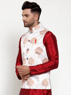 Jompers Men's White Printed Nehru Jacket | Grocsy