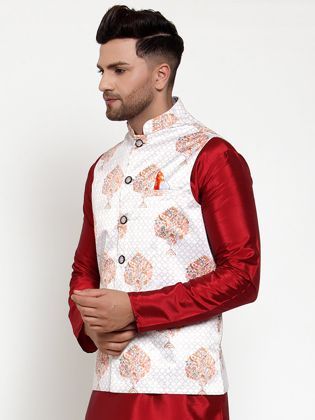 Jompers Men's White Printed Nehru Jacket | Grocsy