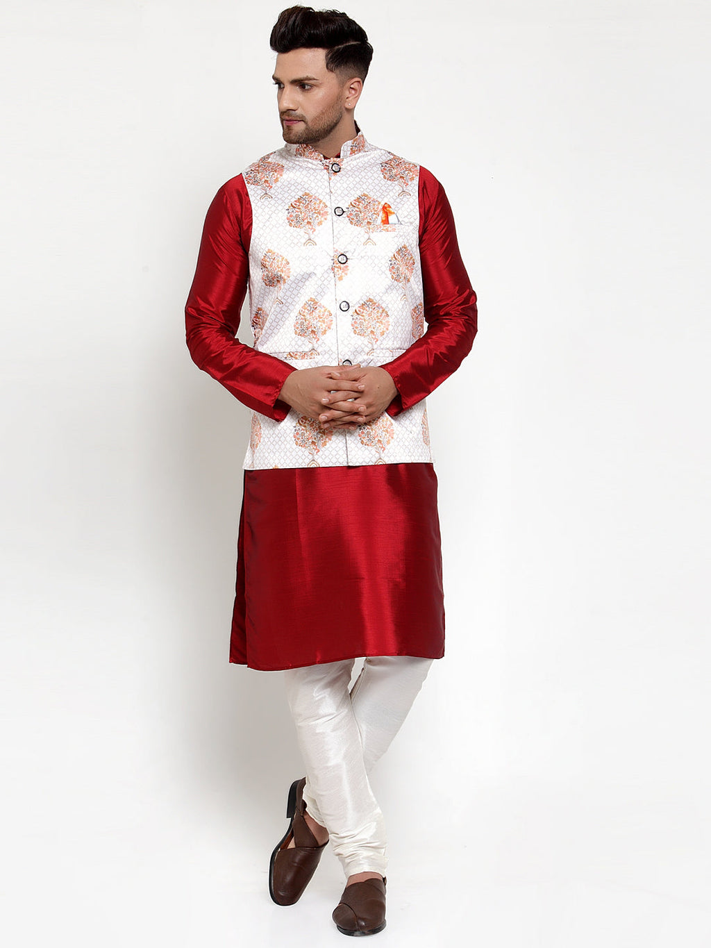 Jompers Men's White Printed Nehru Jacket | Grocsy