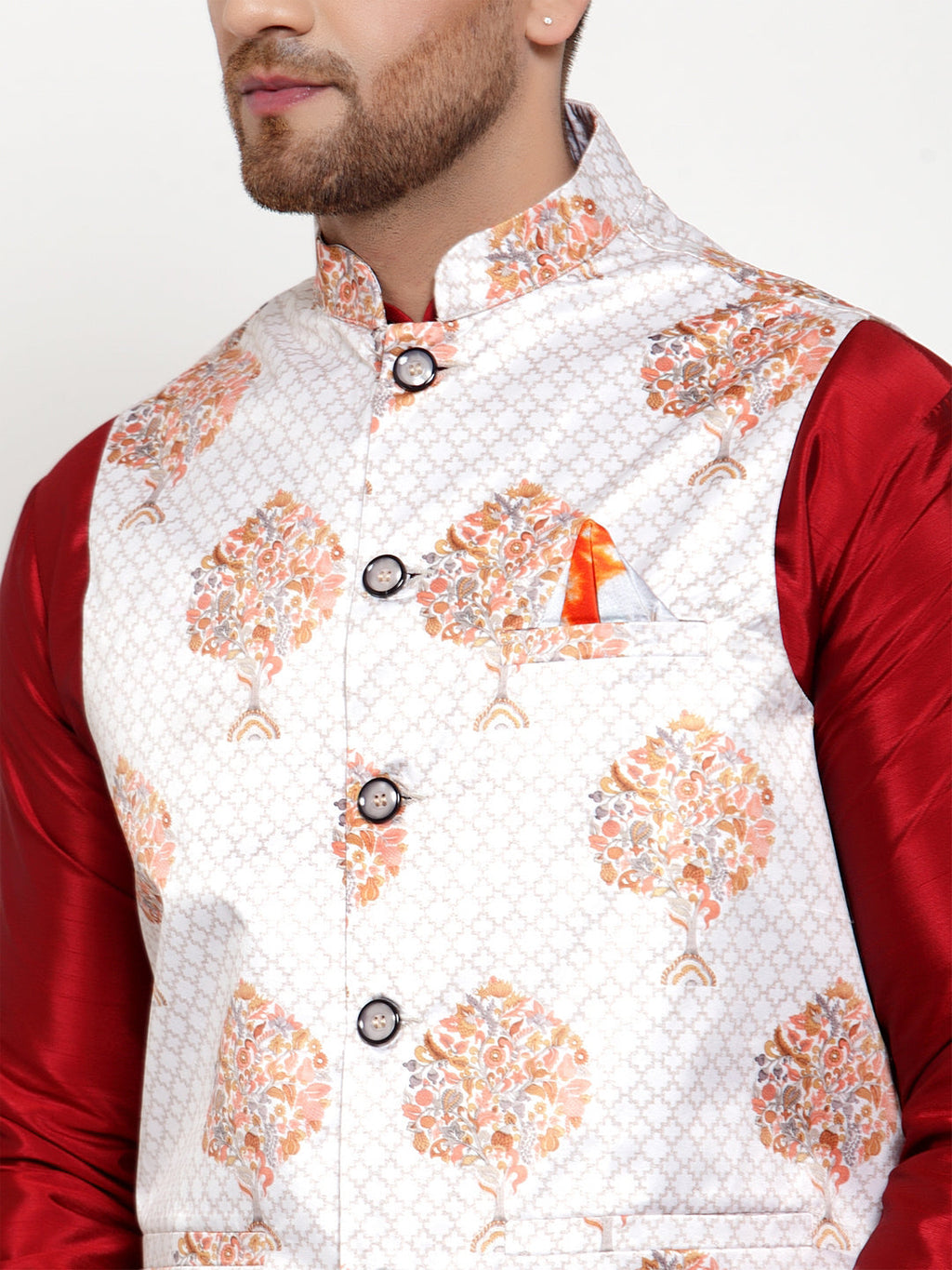 Jompers Men's White Printed Nehru Jacket | Grocsy