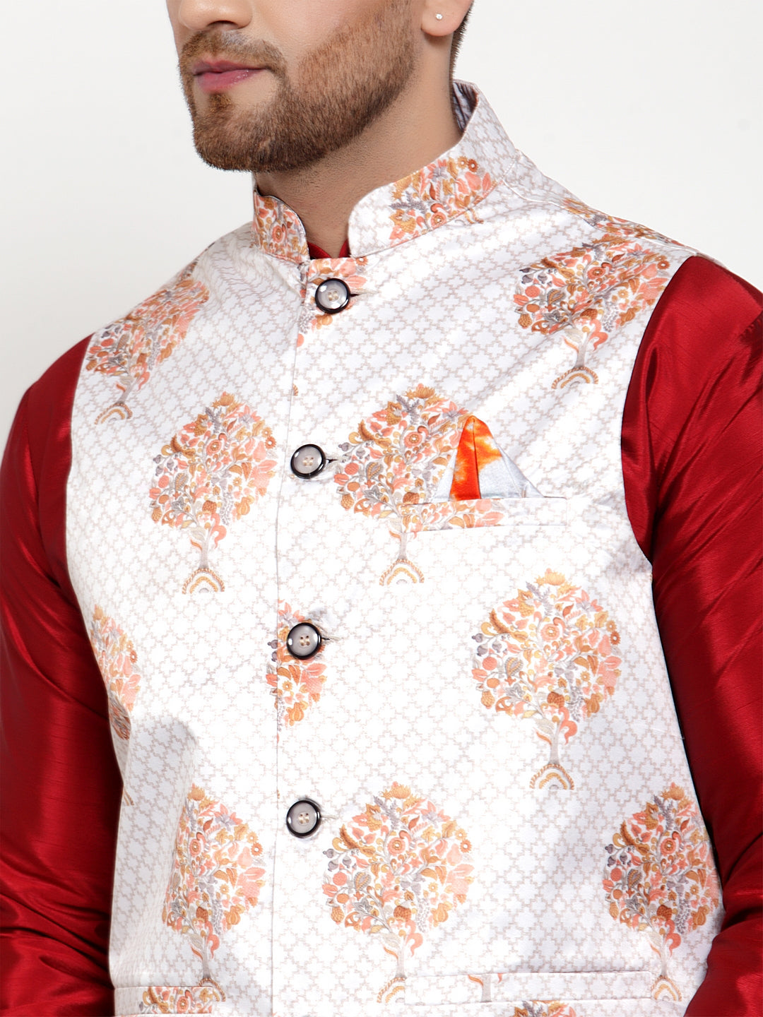 Jompers Men's White Printed Nehru Jacket | Grocsy