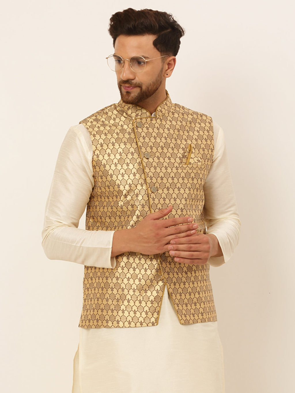 Jompers Men's Woven Design Waistcoat - Golden | Grocsy