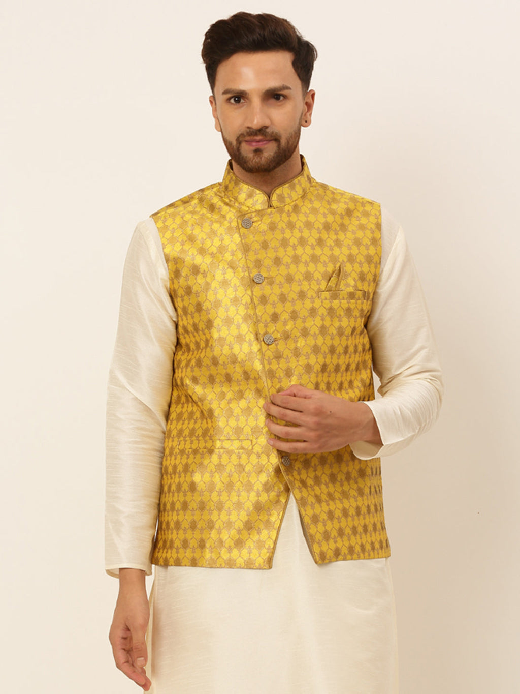 Jompers Men's Woven Design Waistcoat - Mustard | Grocsy