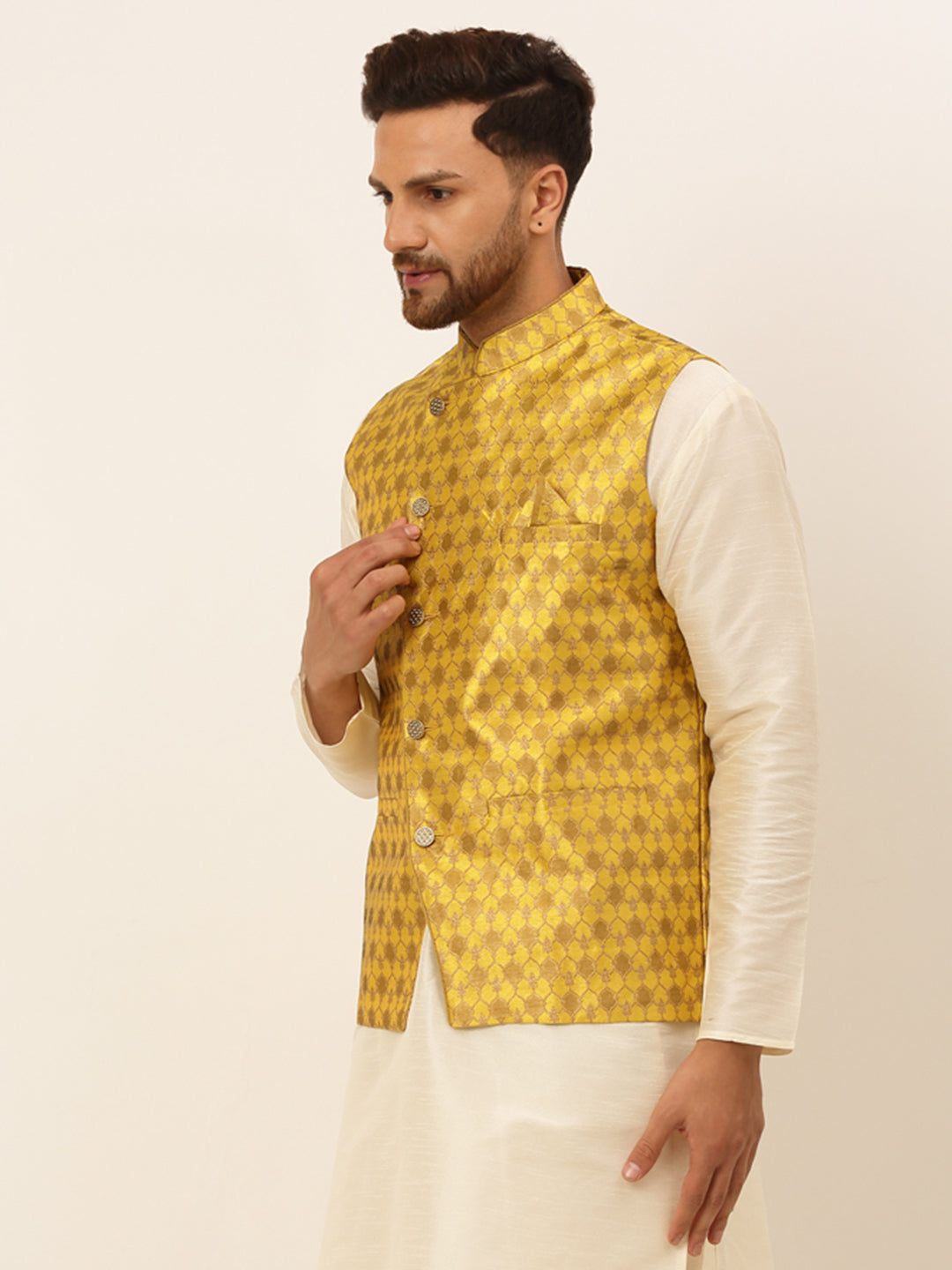 Jompers Men's Woven Design Waistcoat - Mustard | Grocsy