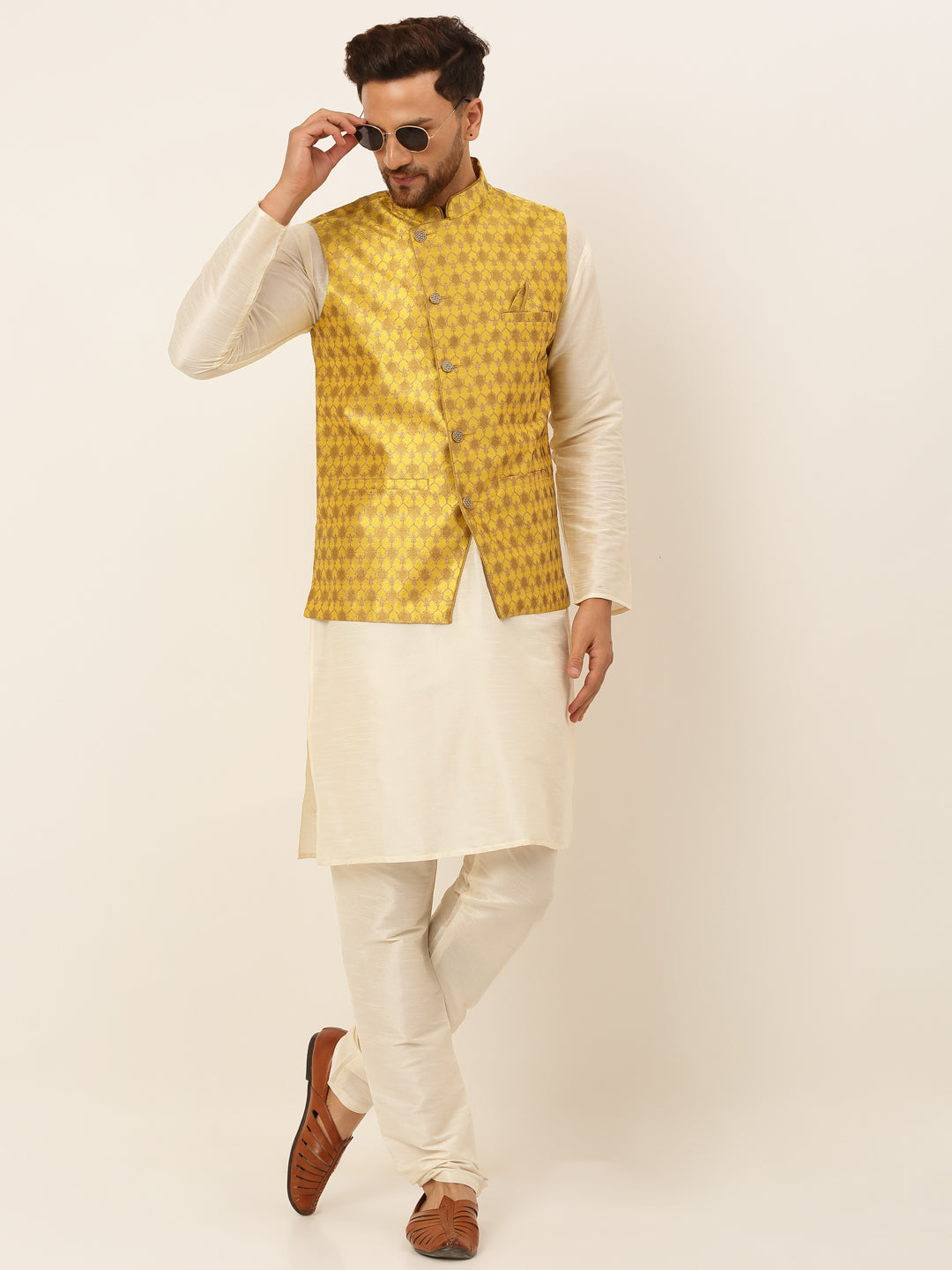 Jompers Men's Woven Design Waistcoat - Mustard | Grocsy
