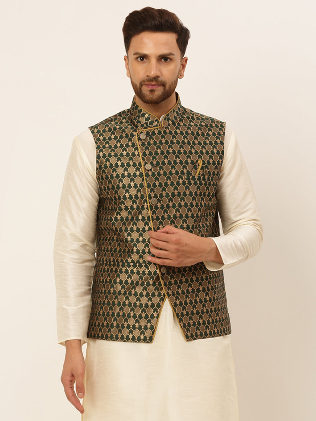 Jompers Men's Woven Design Waistcoat - Olive | Grocsy