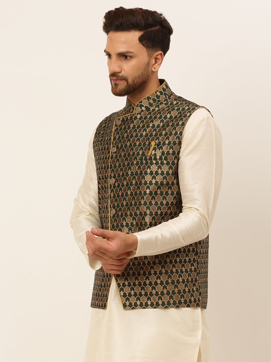Jompers Men's Woven Design Waistcoat - Olive | Grocsy