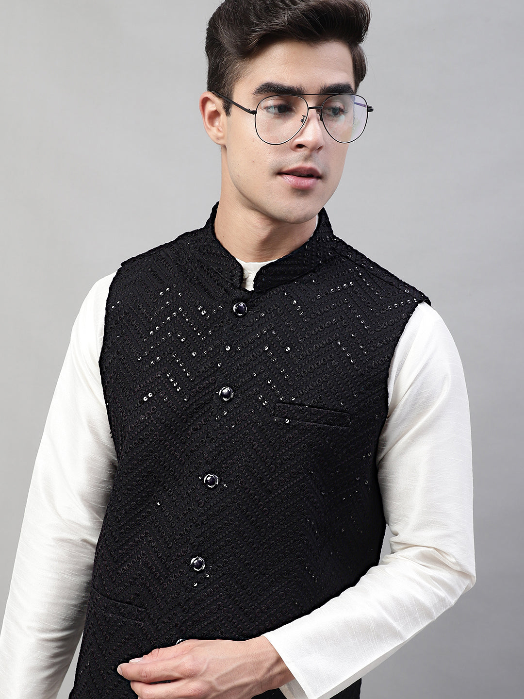 Jompers Men's Sequins Embroidered Rayon Nehru Jacket - Black | Grocsy