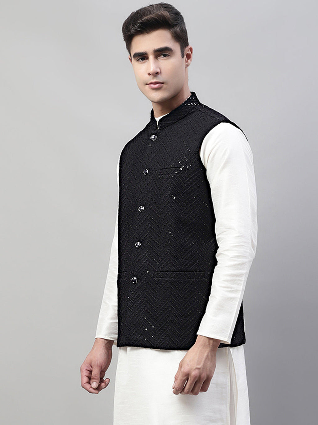 Jompers Men's Sequins Embroidered Rayon Nehru Jacket - Black | Grocsy