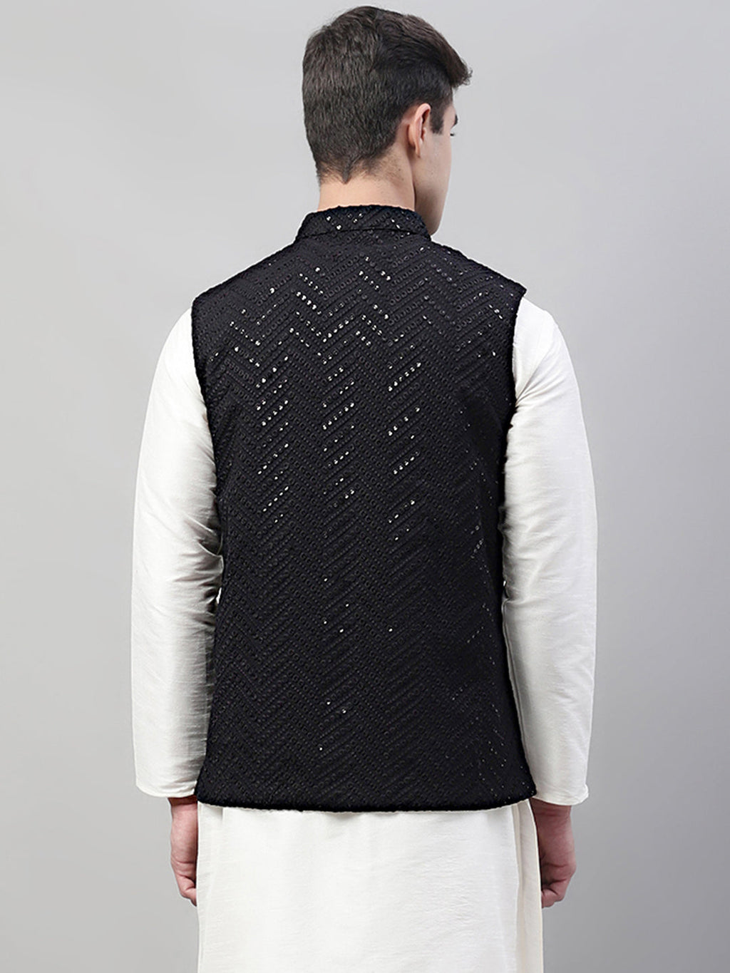 Jompers Men's Sequins Embroidered Rayon Nehru Jacket - Black | Grocsy