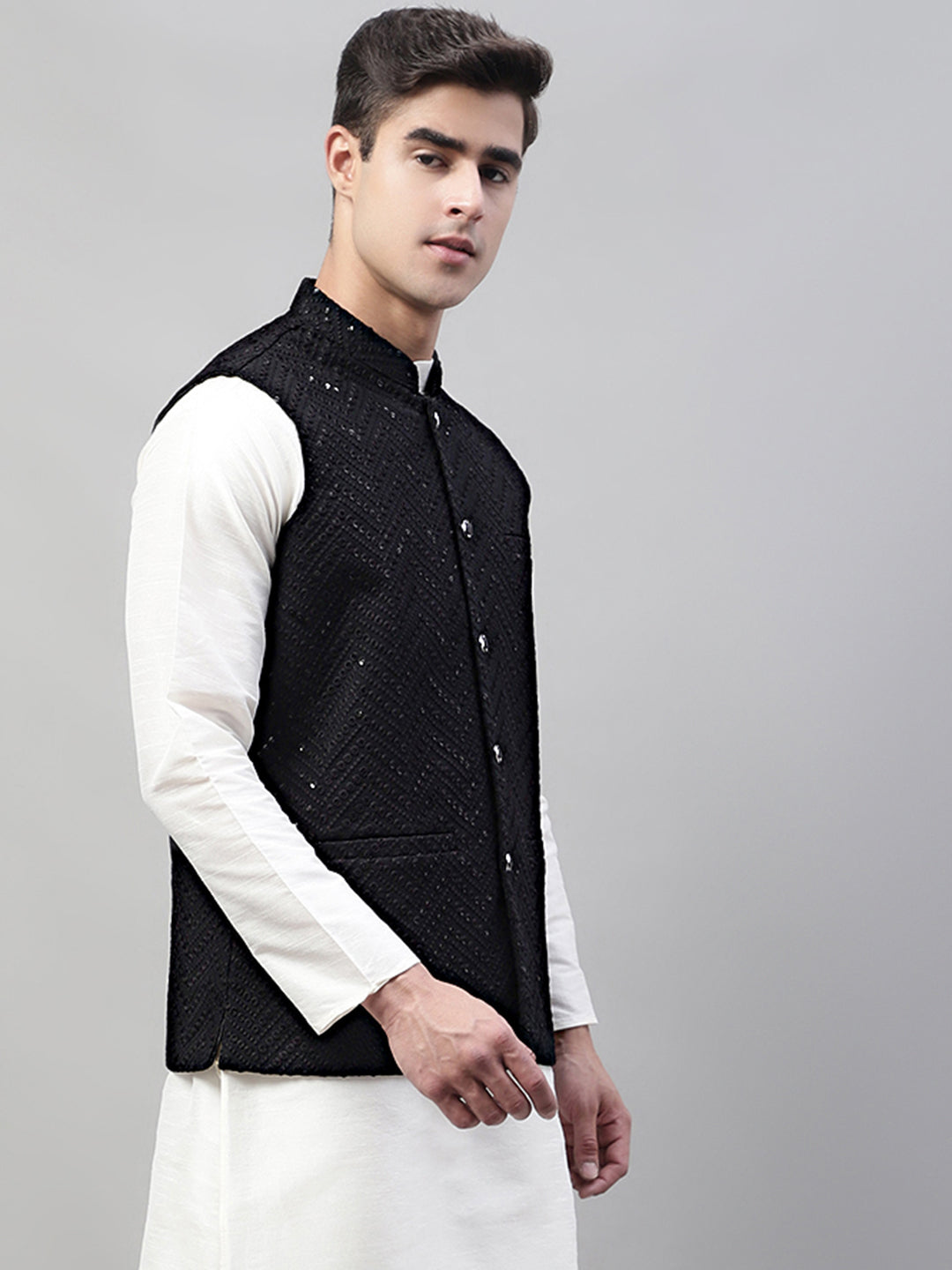 Jompers Men's Sequins Embroidered Rayon Nehru Jacket - Black | Grocsy