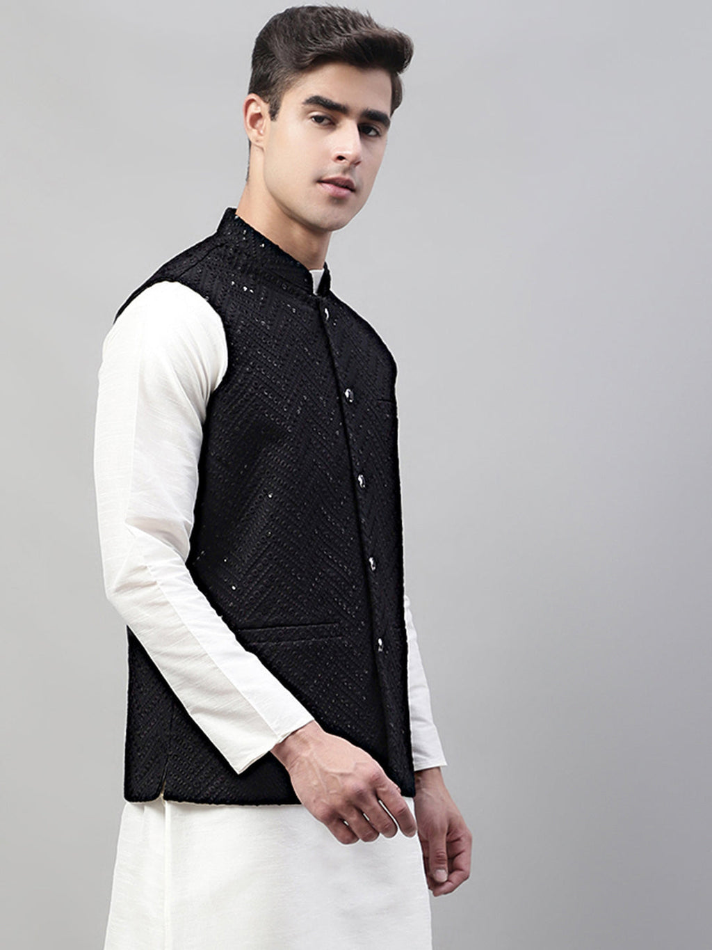 Jompers Men's Sequins Embroidered Rayon Nehru Jacket - Black | Grocsy