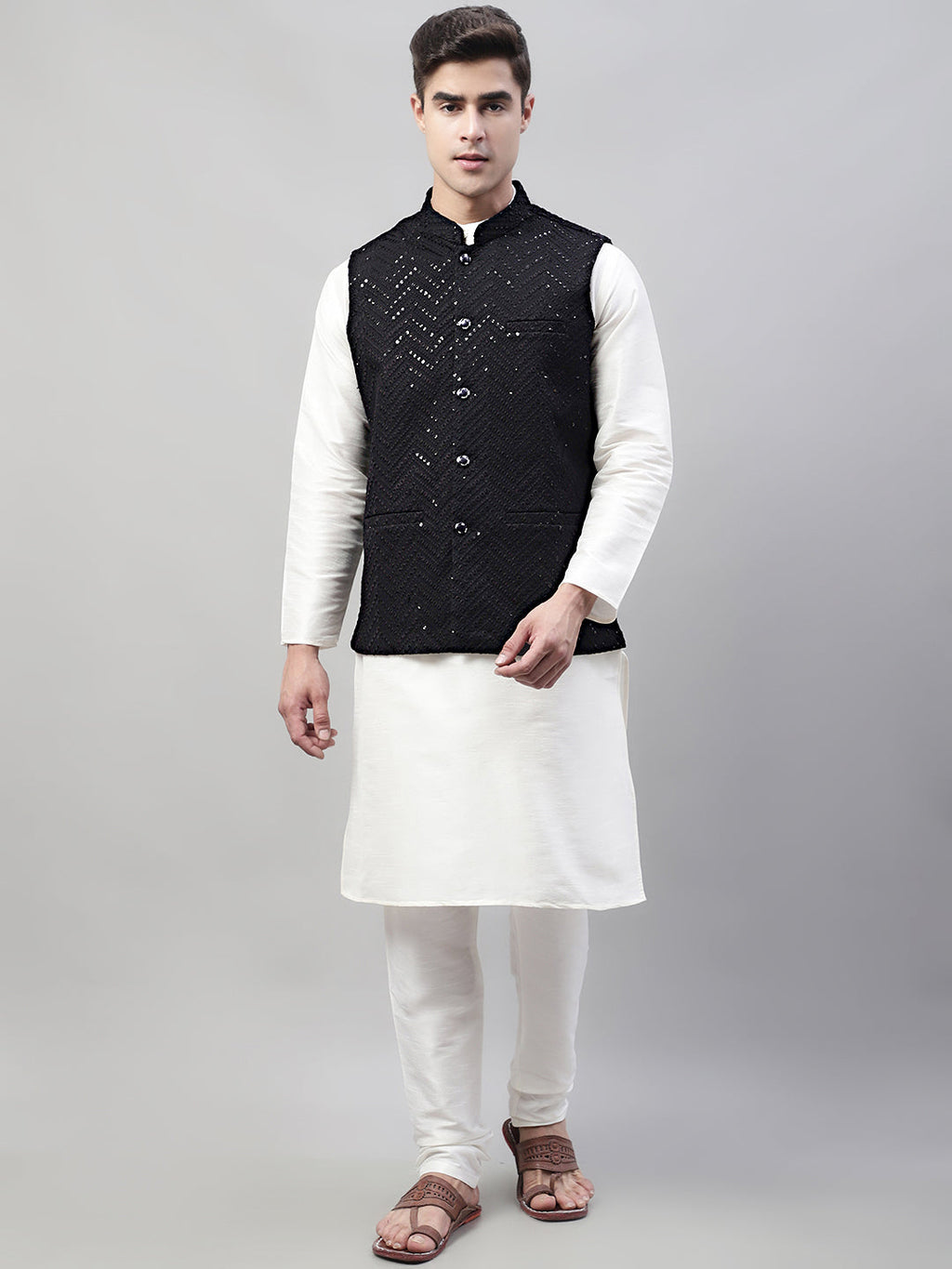 Jompers Men's Sequins Embroidered Rayon Nehru Jacket - Black | Grocsy