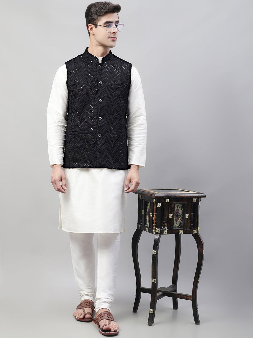 Jompers Men's Sequins Embroidered Rayon Nehru Jacket - Black | Grocsy