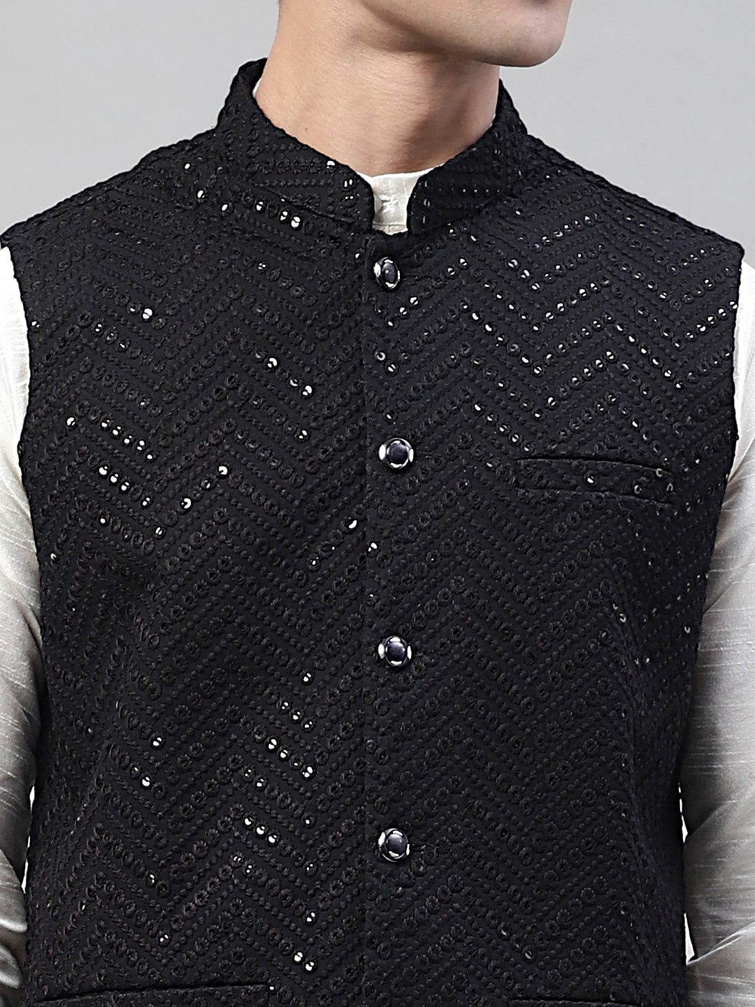 Jompers Men's Sequins Embroidered Rayon Nehru Jacket - Black | Grocsy