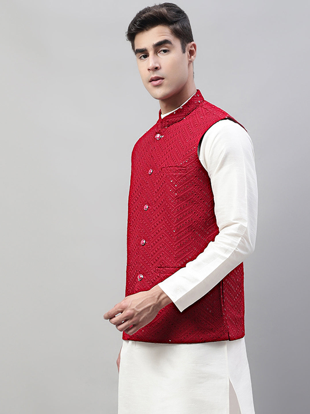 Jompers Men's Sequins Embroidered Rayon Nehru Jacket - Maroon | Grocsy