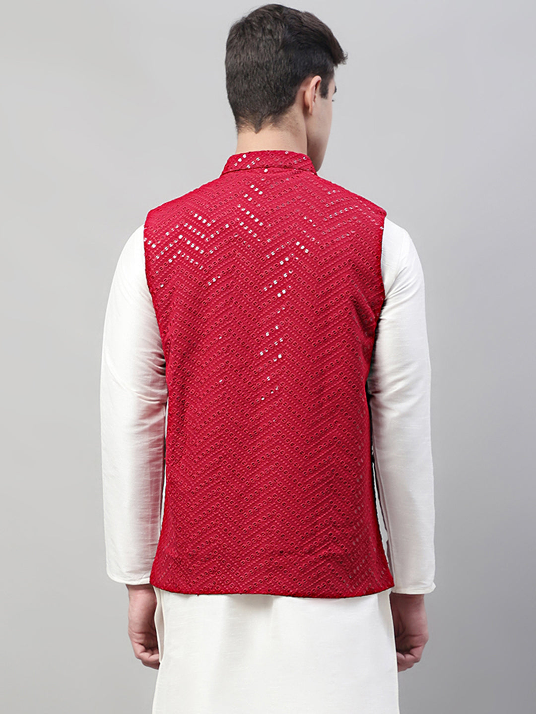 Jompers Men's Sequins Embroidered Rayon Nehru Jacket - Maroon | Grocsy