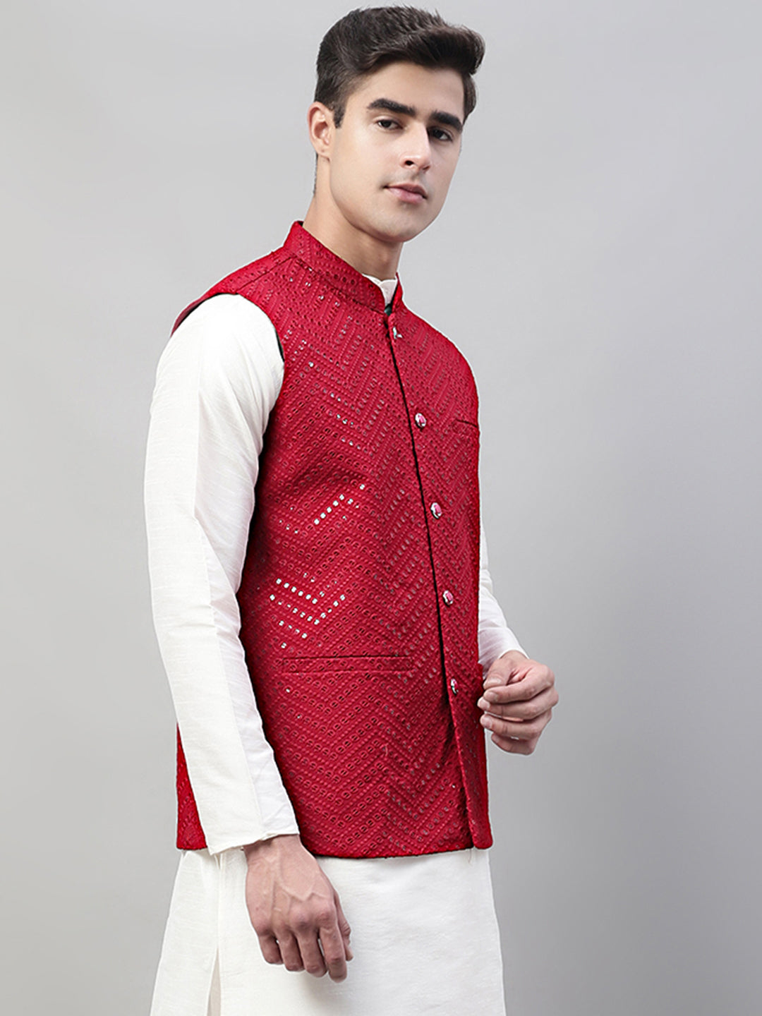 Jompers Men's Sequins Embroidered Rayon Nehru Jacket - Maroon | Grocsy