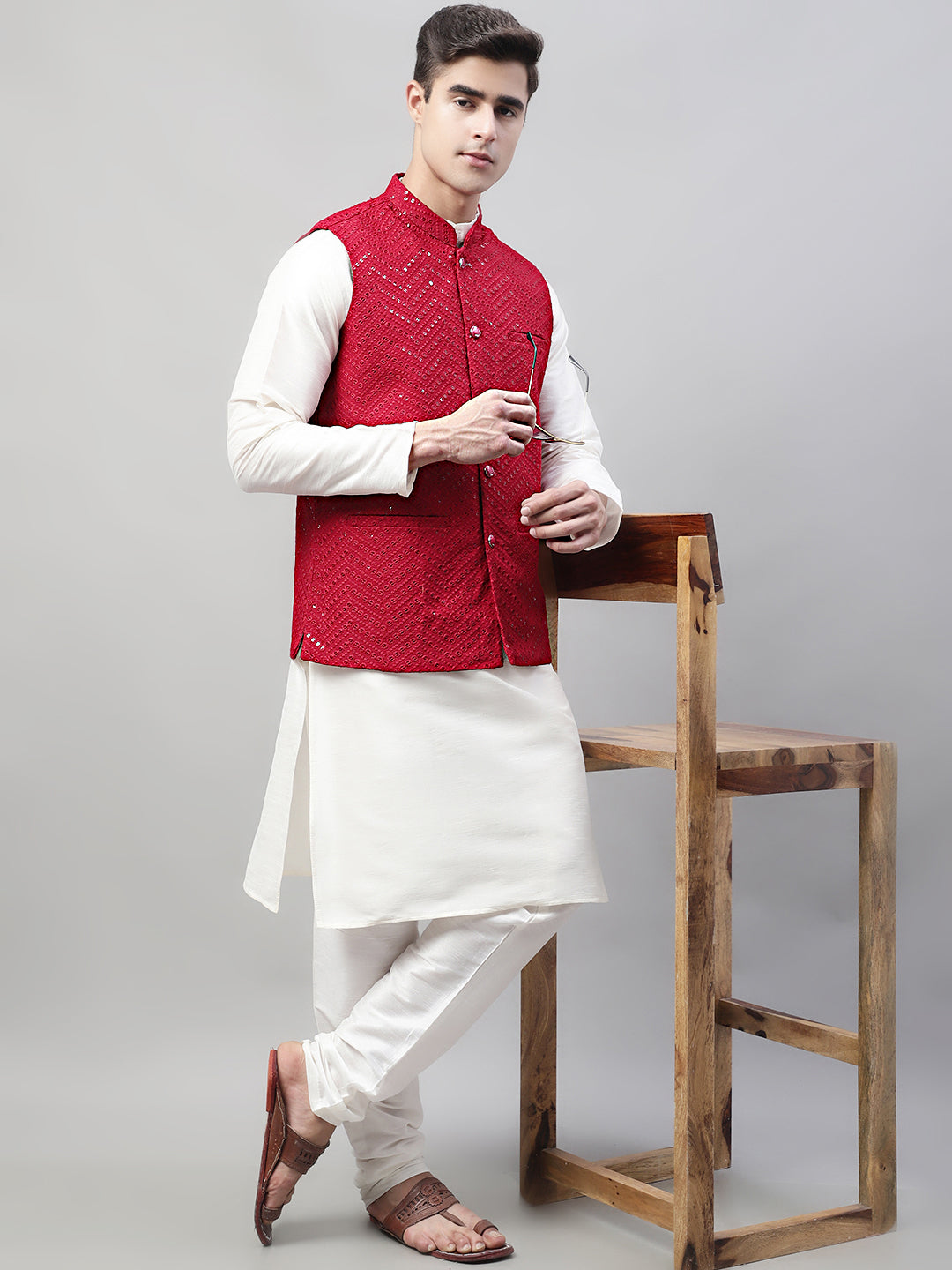 Jompers Men's Sequins Embroidered Rayon Nehru Jacket - Maroon | Grocsy
