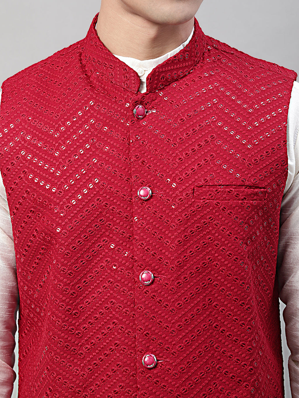 Jompers Men's Sequins Embroidered Rayon Nehru Jacket - Maroon | Grocsy