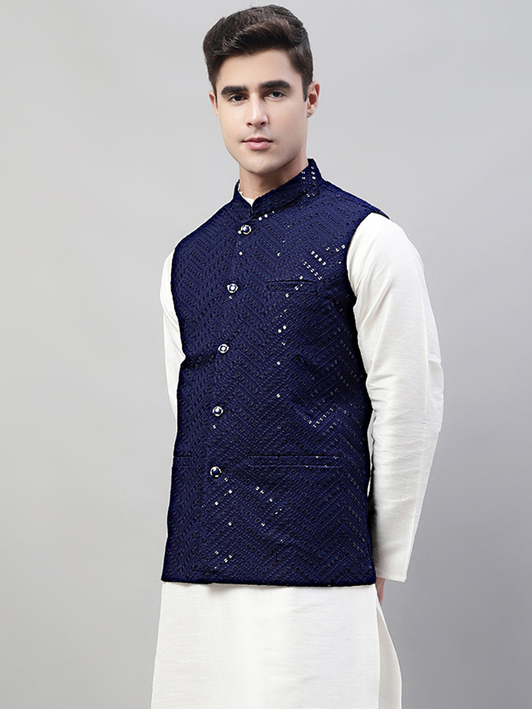 Jompers Men's Sequins Embroidered Rayon Nehru Jacket - Navy Blue | Grocsy