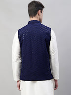 Jompers Men's Sequins Embroidered Rayon Nehru Jacket - Navy Blue | Grocsy