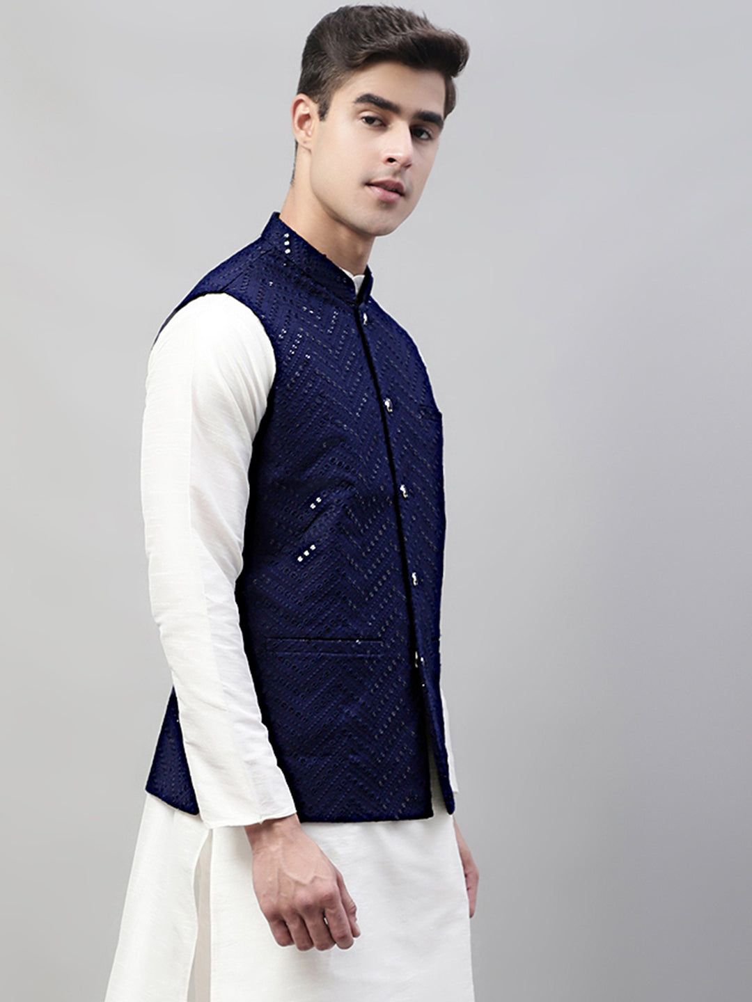 Jompers Men's Sequins Embroidered Rayon Nehru Jacket - Navy Blue | Grocsy
