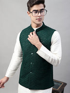 Jompers Men's Sequins Embroidered Rayon Nehru Jacket - Olive | Grocsy