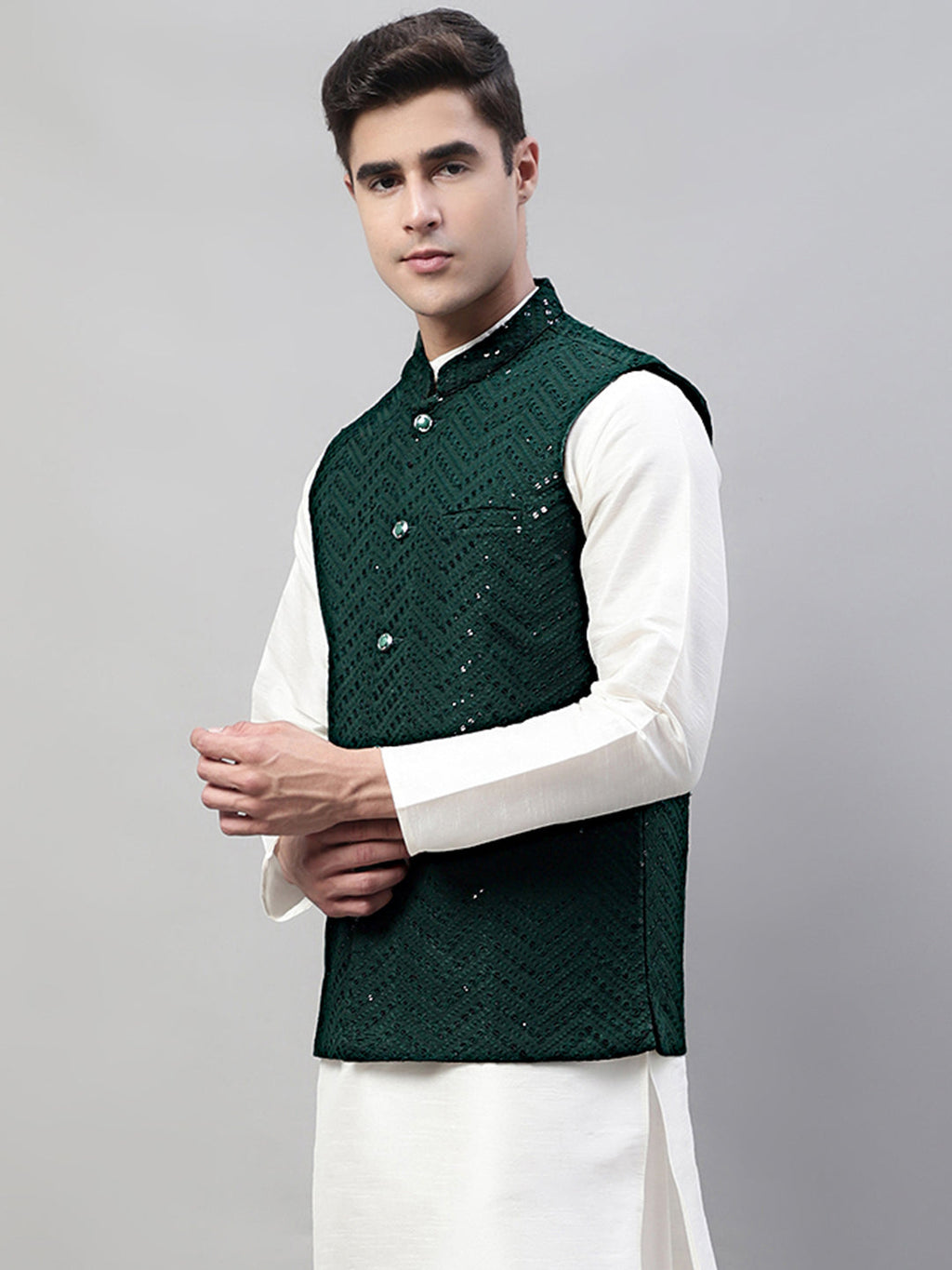 Jompers Men's Sequins Embroidered Rayon Nehru Jacket - Olive | Grocsy