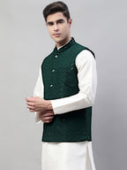 Jompers Men's Sequins Embroidered Rayon Nehru Jacket - Olive | Grocsy