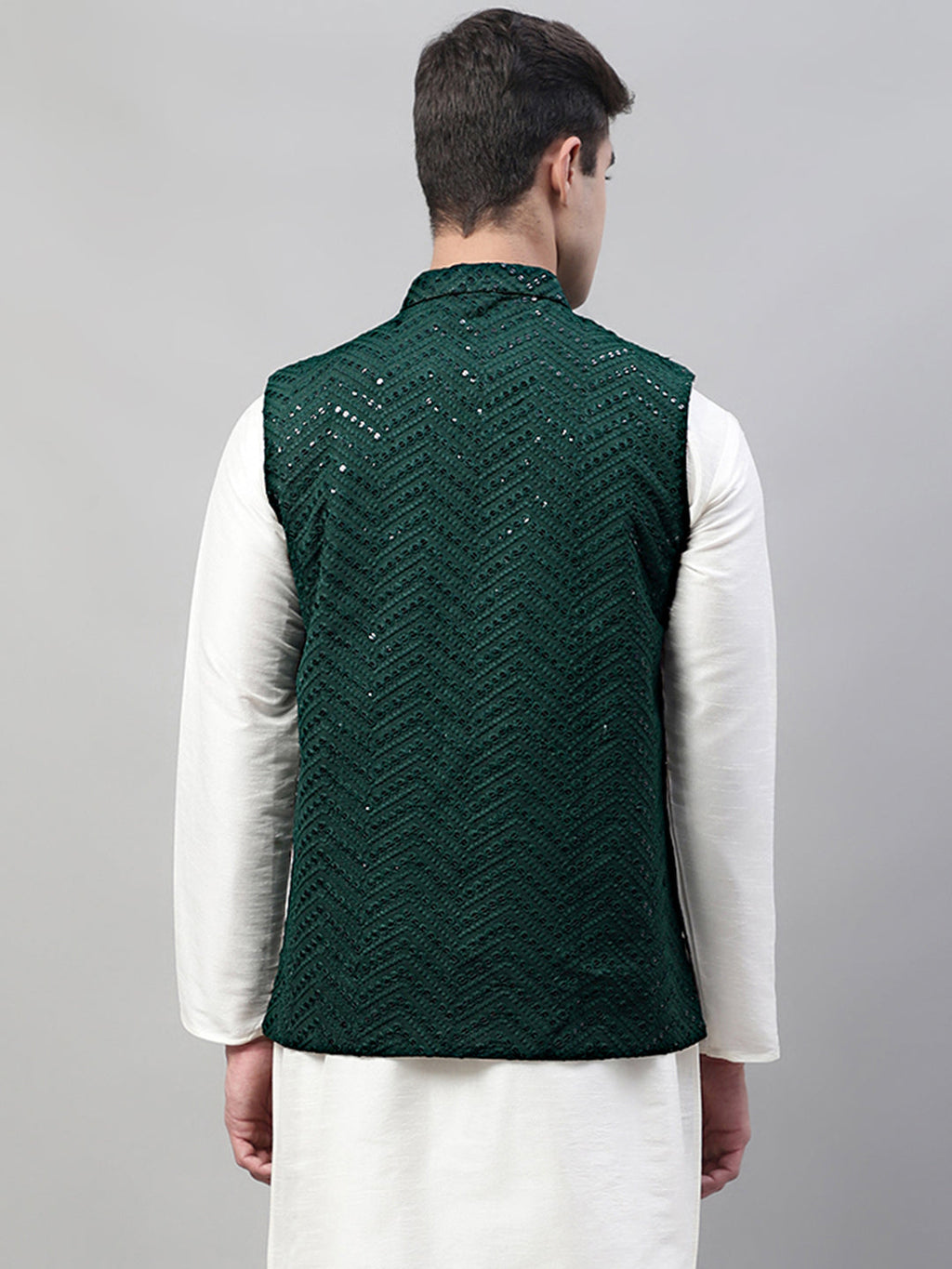 Jompers Men's Sequins Embroidered Rayon Nehru Jacket - Olive | Grocsy